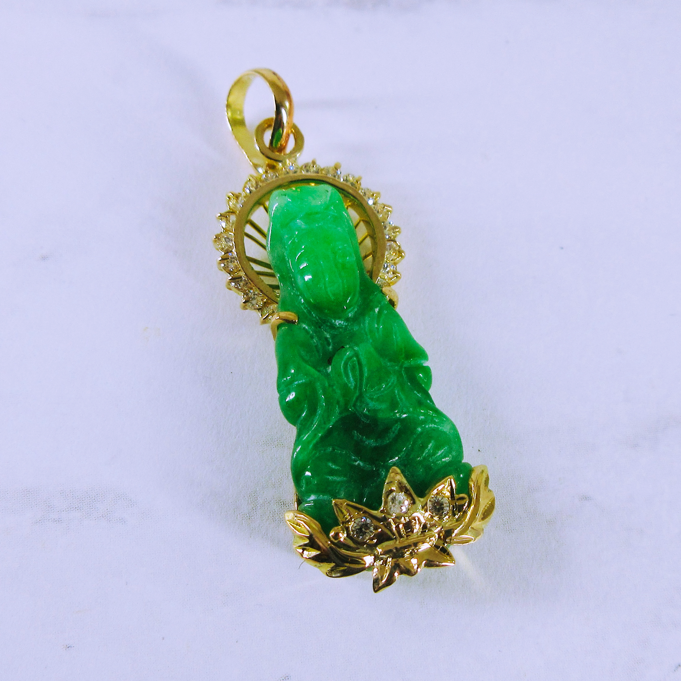 14K Yellow Gold Jadeite and Diamond Buddha Pendant