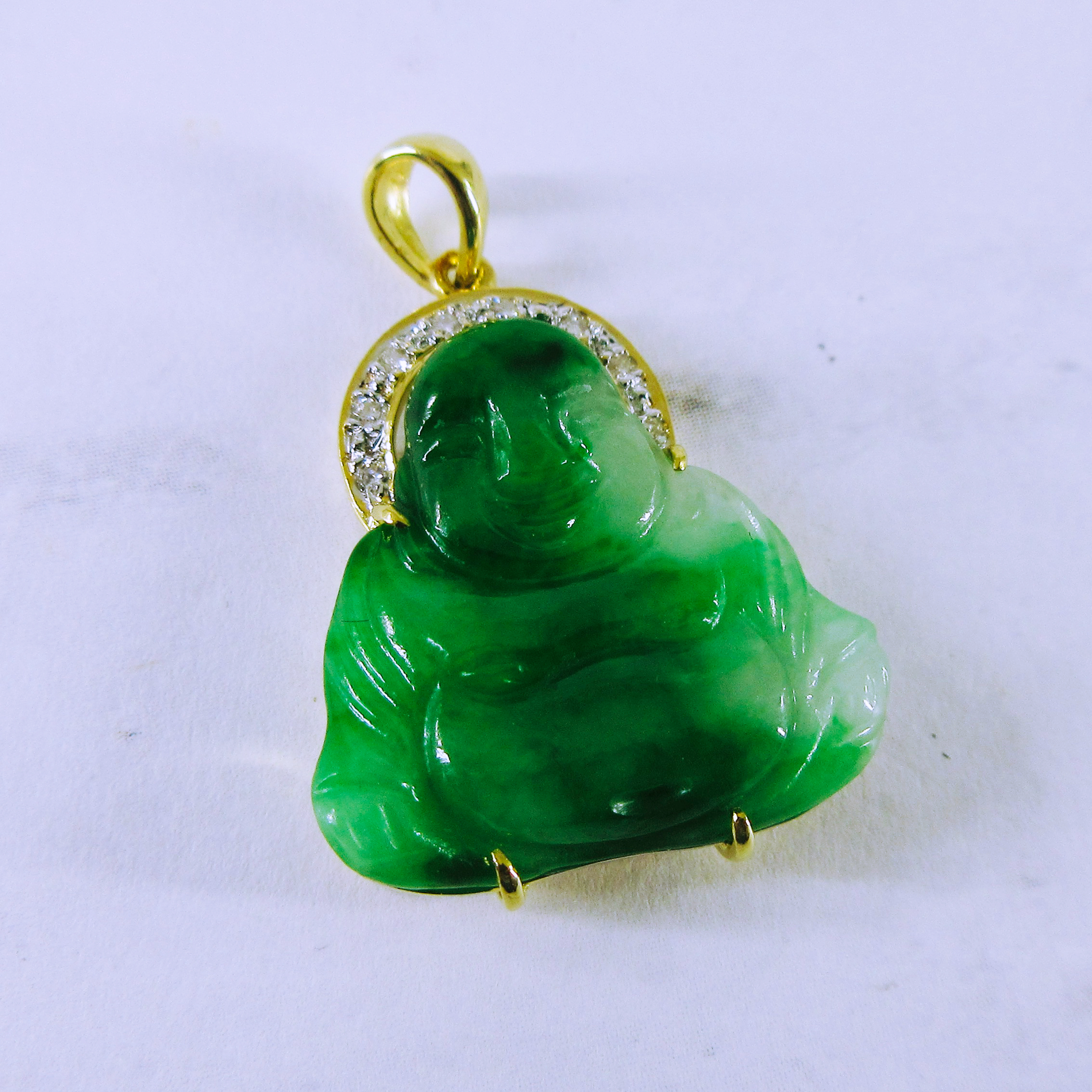 18K Yellow Gold Jadeite and Diamond Buddha Pendant