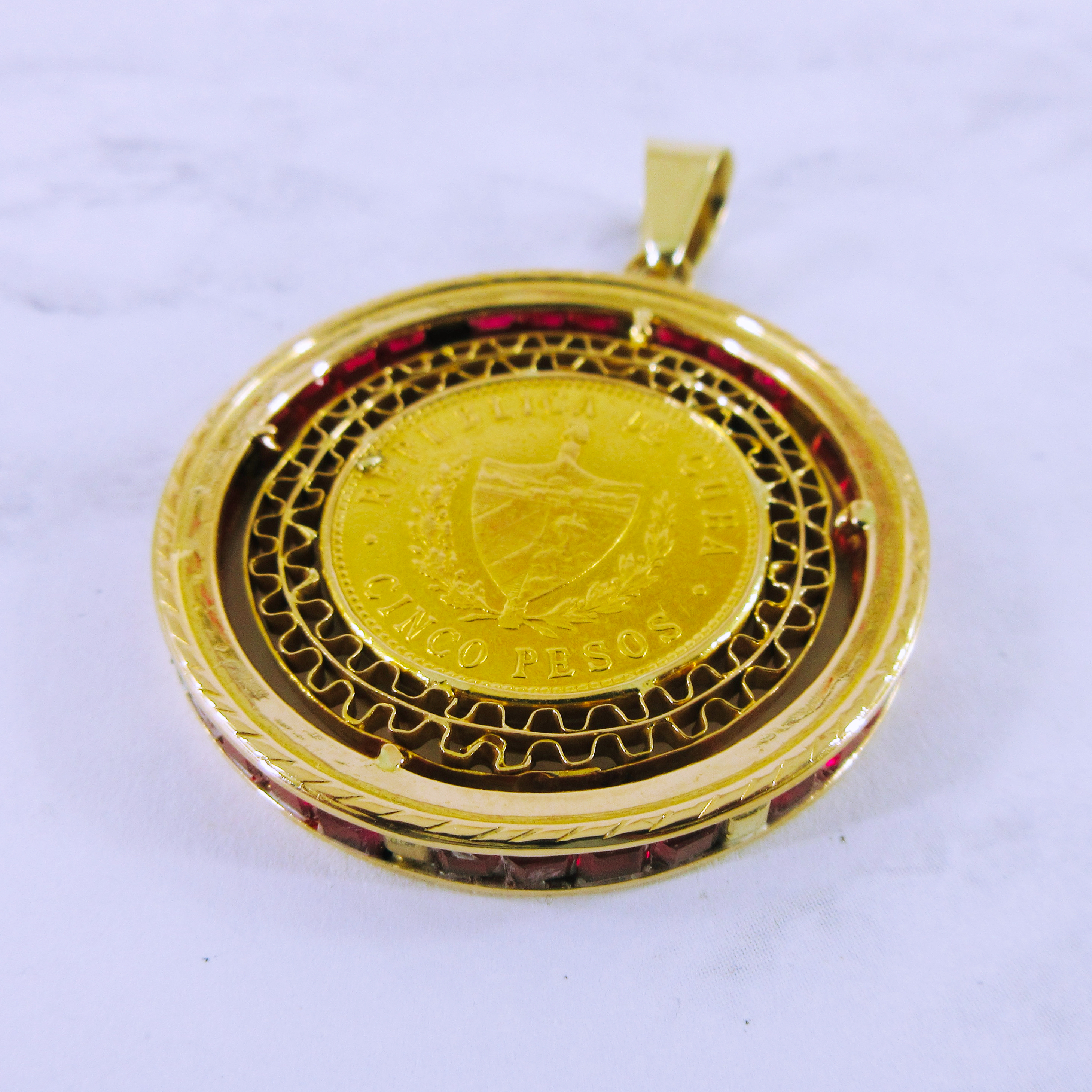 18K Yellow Gold Cuban 5 Pesos Coin Pendant with Synthetic Red Gemstones