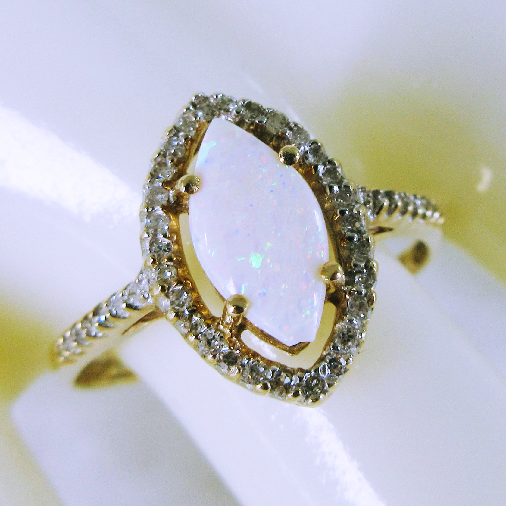 10K Yellow Gold Opal Ring with Diamonds