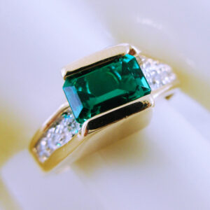 14K Yellow Gold Synthetic Emerald and Diamond Ring