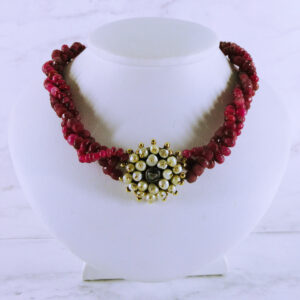 18K Yellow Gold Ruby Beads and Pearl Necklace