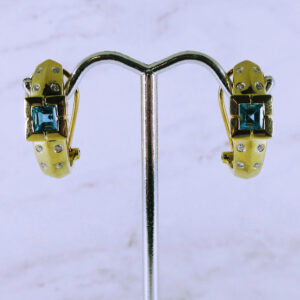 14K Yellow Gold Earrings with Blue Stone and Diamonds