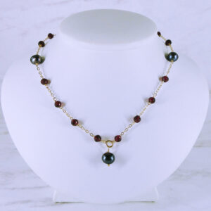 10K Yellow Gold Garnet and Pearl Bead Necklace