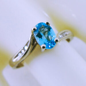 10K White Gold Ring with Blue Stone and Diamonds