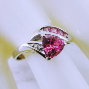 14K White Gold Ring with Pink Stone and Diamonds