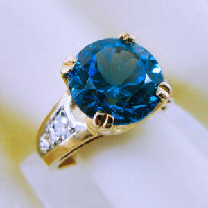 14K Yellow Gold Ring with Blue Stone and Diamonds