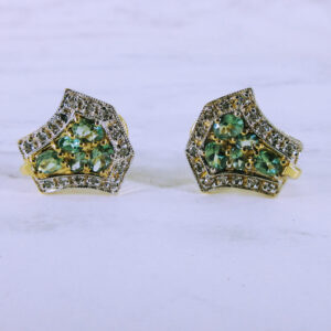 14K Yellow Gold Earrings with Diamonds and Green Gemstone