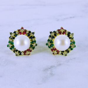 [SET] 14K Yellow Gold Pearl and Coloured Gemstone Earrings