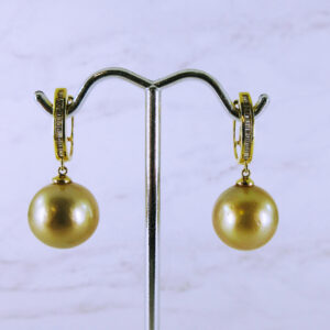 18K Yellow Gold Diamond Huggie Earrings with Hanging Pearls