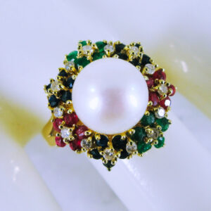 [SET] 14K Yellow Gold Pearl and Coloured Gemstone Ring