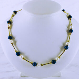 14K Yellow Gold Pearl and Lapis Necklace